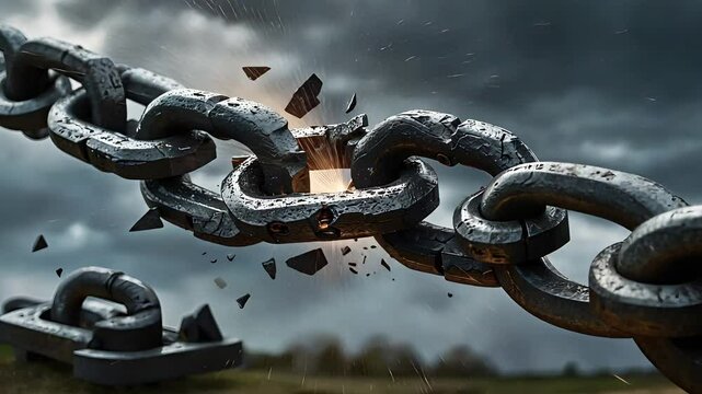 Close-up view of a broken chain link with shattered pieces flying, dramatic lighting, and dark stormy sky backdrop.

