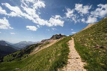 Fototapeta premium mountain landscape along the trail from Val San Nicolò to Val Contrin, Val di Fassa Dolomites