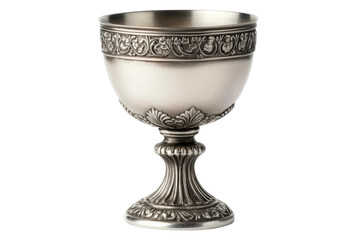 Ornate silver chalice with intricate engravings and decorative motifs, cut out