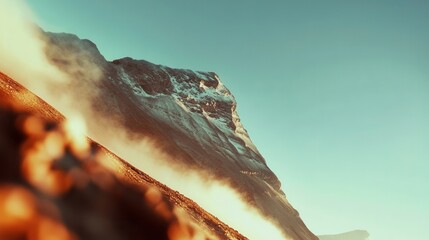 Snow-capped mountain landscape with mist and scenery