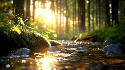 Fototapeta premium A serene forest scene at sunrise with a flowing stream, mossy rocks, and soft sunlight filtering through the trees. Concept Serene Sunrise, Forest Beauty, Flowing Stream, Mossy Rocks, Soft Sunlight