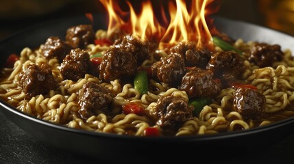 A dynamic bowl of spicy noodles, garnished with grilled meat and herbs, displays a dramatic flame for a thrilling culinary adventure