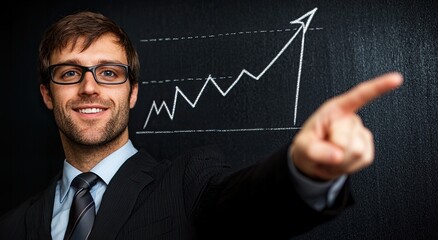 Branding Outreach Finance concepts. Businessman pointing at a growth chart on a blackboard, exuding confidence and professionalism.
