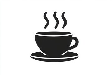Black silhouette of a hot cup of coffee or tea with steam on a saucer against white background