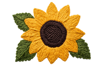Vibrant embroidered sunflower patch with green leaves on black background, cut out