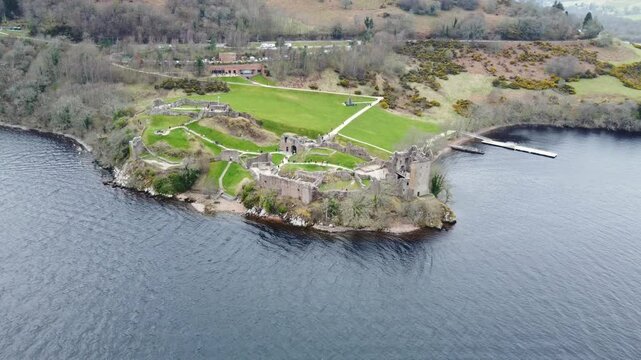 aerial footage of scenic Urquhart castle in loch ness