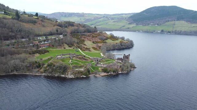 aerial footage of scenic Urquhart castle in loch ness