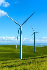 Fototapeta premium Two Wind Turbines in Green Rolling Hills Under Blue Sky