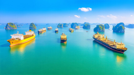 Fototapeta premium Beautiful Asian ocean bay with traditional boats