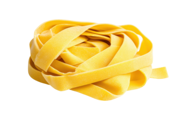 Fresh yellow tagliatelle pasta nest on white background, cut out