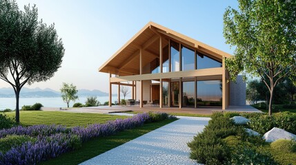 A developing wooden frame house with exposed beams and large openings, ready for the next phase.