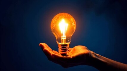 Glowing light bulb in hand on with electric discharges similar to lightning of insight, idea, concept
