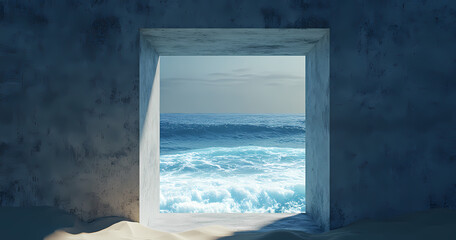 Ocean View from Window: A captivating view of the open ocean unfolds through a square window, inviting serenity and introspection, where the frame is set in a sand-textured wall. 