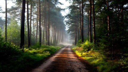 Obraz premium A tranquil forest path lined with tall trees, bathed in soft morning light and surrounded by greenery and mist. Concept Tranquil Forest Path, Morning Light, Lush Greenery, Misty Atmosphere