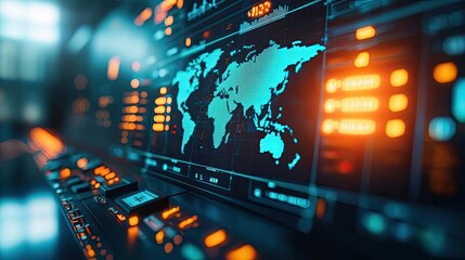 Fototapeta premium Cargo logistics and freight tracking in global network concept. Futuristic interface with global map on digital screen panel.