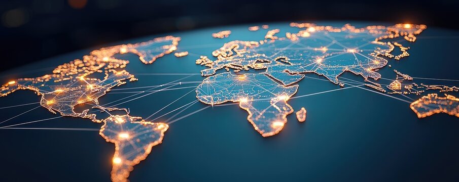Cargo logistics and ship transportation in global trade concept. Digital world map showcasing global connectivity and networks.