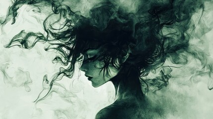 Ethereal silhouette of a woman surrounded by swirling smoke patterns