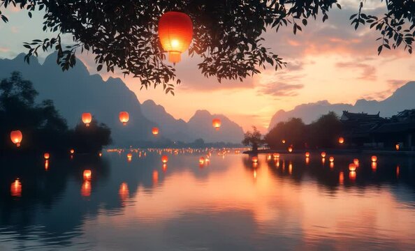Paper lanterns floating on a calm lake create a magical atmosphere against a backdrop of misty mountains and twilight sky
