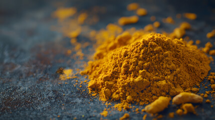 Bright Golden Turmeric Powder on Rustic Background with Fresh Roots and Natural Textures