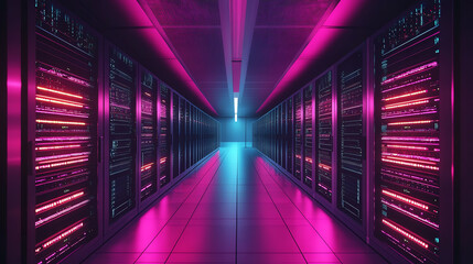 Fototapeta premium Futuristic server room with colorful neon lights illuminating rows.