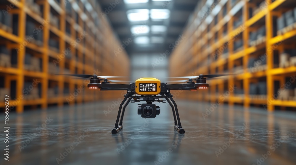 Poster a drone equipped with a camera is positioned in a spacious warehouse filled with shelves of organize