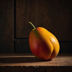 A plump, ripe mango with a reddish blush and yellow skin, lying on a wooden cutting board with detailed texture and lighting.


