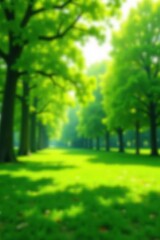 Naklejka premium Abstract background of green blurred nature with lush foliage in park at morning sunlight, foliage, lush