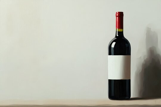 A full wine bottle stands tall with a red top on display