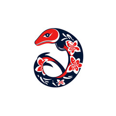 Fototapeta premium Stylized Lizard with Cherry Blossoms Abstract Red and Blue Design