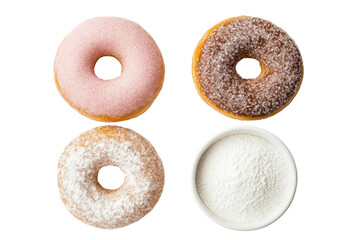 Assorted sugary donuts with bowl of powdered sugar on black background, cut out