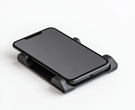 Modern smartphone resting on a sleek, black, minimalist stand