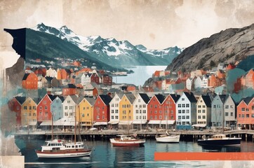 Fototapeta premium Colorful harbor houses reflect in calm waters with mountains towering in the background during a sunny day