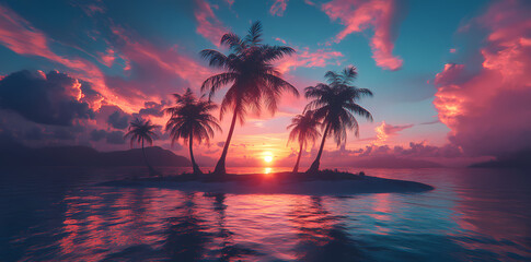 Tropical Sunset Serenity: Capturing the mesmerizing allure of a tropical sunset, this photo showcases silhouettes of palm trees and their reflections on the calm sea.