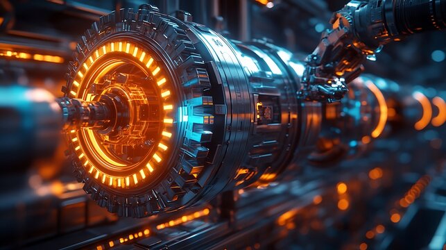 A futuristic automation system with glowing interlocking gears, a robotic arm adjusting a high-tech mechanism, blue and orange neon lighting, ultra-detailed reflections, mechanical precision,