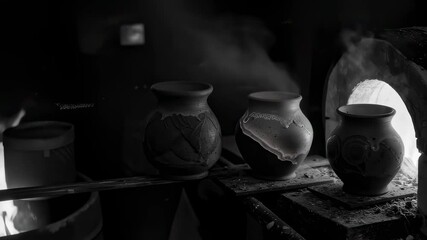 Ancient pottery making process captured in black and white. Traditional clay vessels in kiln with smoke. Handcrafted ceramic art in primitive workshop.