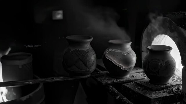 Ancient pottery making process captured in black and white. Traditional clay vessels in kiln with smoke. Handcrafted ceramic art in primitive workshop.