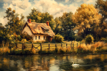 Fototapeta premium Picturesque Cottage by the Lake: Serene cottage with a thatched roof by a tranquil lake, embraced by the warm hues of autumn, evoking a sense of peace and rural charm. 