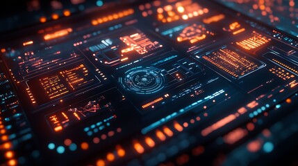 Obraz premium A futuristic touch interface in a dark neon-lit environment, interactive HUD elements, digital graphs, AI-generated control panels, a sleek user interface projected in mid-air,