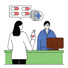 Illustration of a Pharmacist and a Customer Discussing Medication at a Pharmacy Counter, assisting a client.  handing over prescribed medicines to a patient in drugs store. Concept of profession.