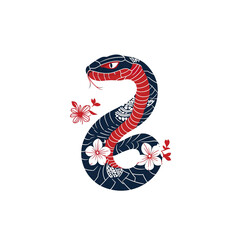 Obraz premium Elegant Red and Blue Snake with Cherry Blossoms - Artistic Animal Illustration