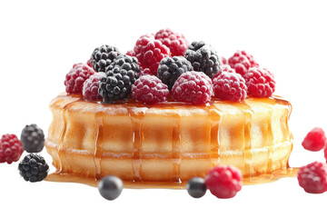 A Delectable Waffle, Generously Drizzled With Golden Syrup And Adorned With A Vibrant Crown Of Sugared Raspberries And Blackberries, Creating A Delightful Breakfast Masterpiece Isolated on Transparent