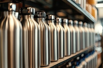 Stainless steel water bottles on store shelves.  Rows of reflective metal reusable bottles,  various sizes and designs.  Durable and eco-friendly, ideal for everyday use