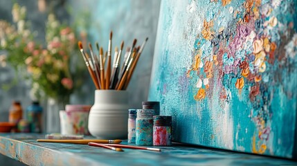 Vibrant Still Life Painting on a Wooden Shelf Featuring a Colorful Vase of Freshly Picked Flowers