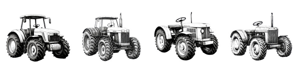 Obraz premium Black and white sketches of various vintage tractor models highlighting the mechanical design and engineering of classic farm equipment