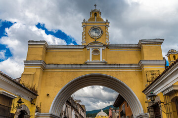 A view looking up at the Arch of Santa Catalina in Antigua in Guatemala in early springtime