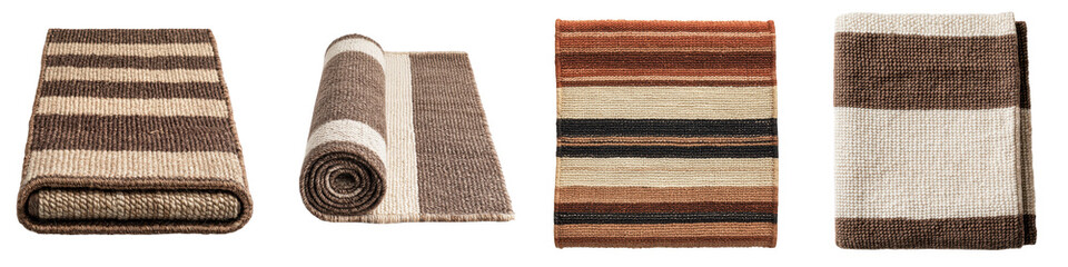 An assortment of handcrafted woven fabrics featuring a range of striped patterns and warm natural color palettes suitable for home decor and furnishings