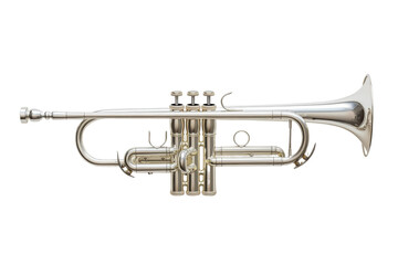 Obraz premium Silver trumpet isolated on white background with detailed valves and mouthpiece, cut out