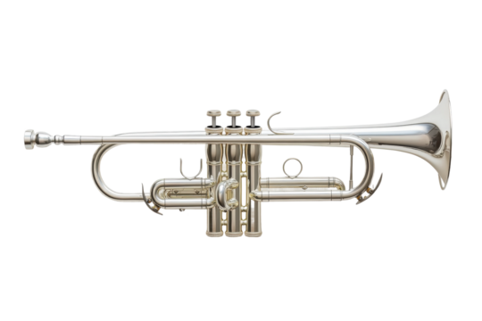 Silver trumpet isolated on white background with detailed valves and mouthpiece, cut out