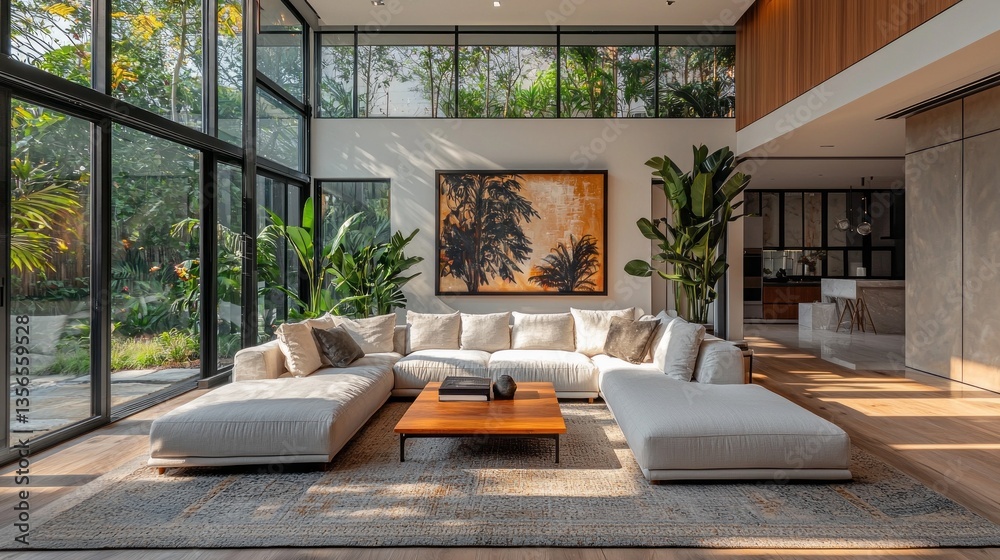 Poster sunlight pours into a spacious living room adorned with large windows, showcasing lush plants and a 