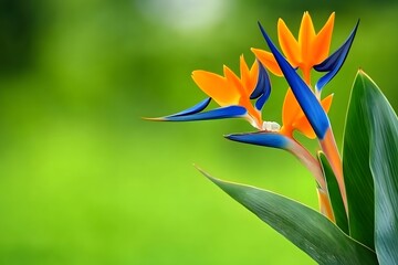 Vibrant Bird of Paradise Flowers on Green Background
